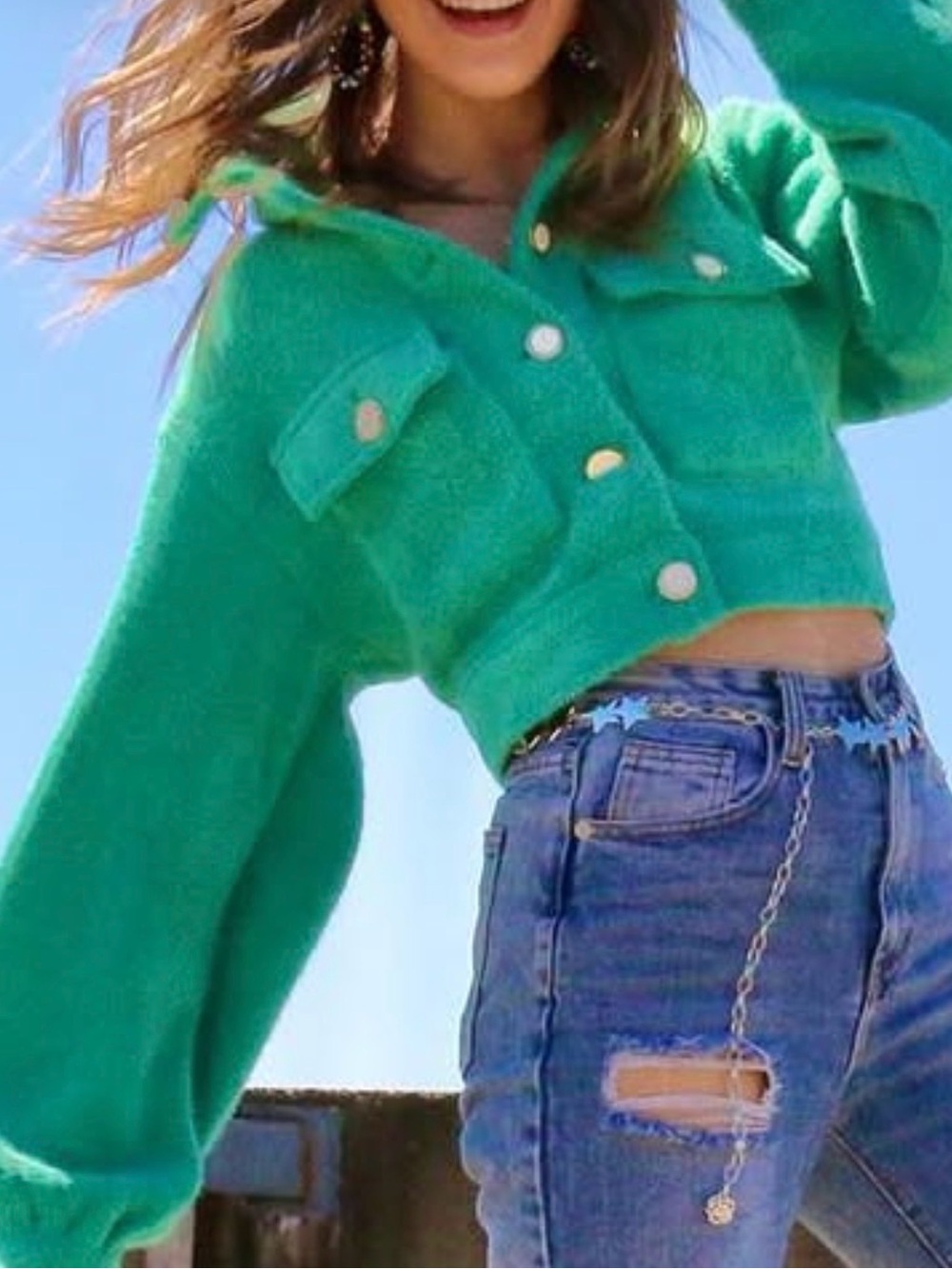 AKIRA Cropped Green Teddy Jacket with Gold Buttons